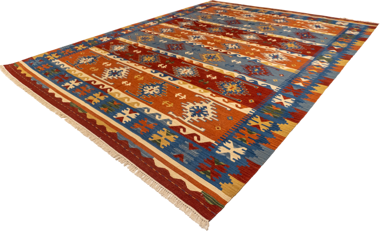 W 9 L 12 Kilim 100% Wool Hand-Woven Geometric Design - 60537