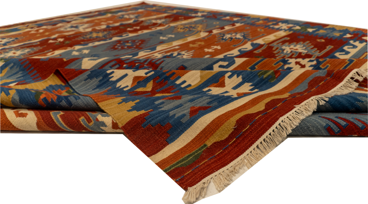 W 9 L 12 Kilim 100% Wool Hand-Woven Geometric Design - 60537