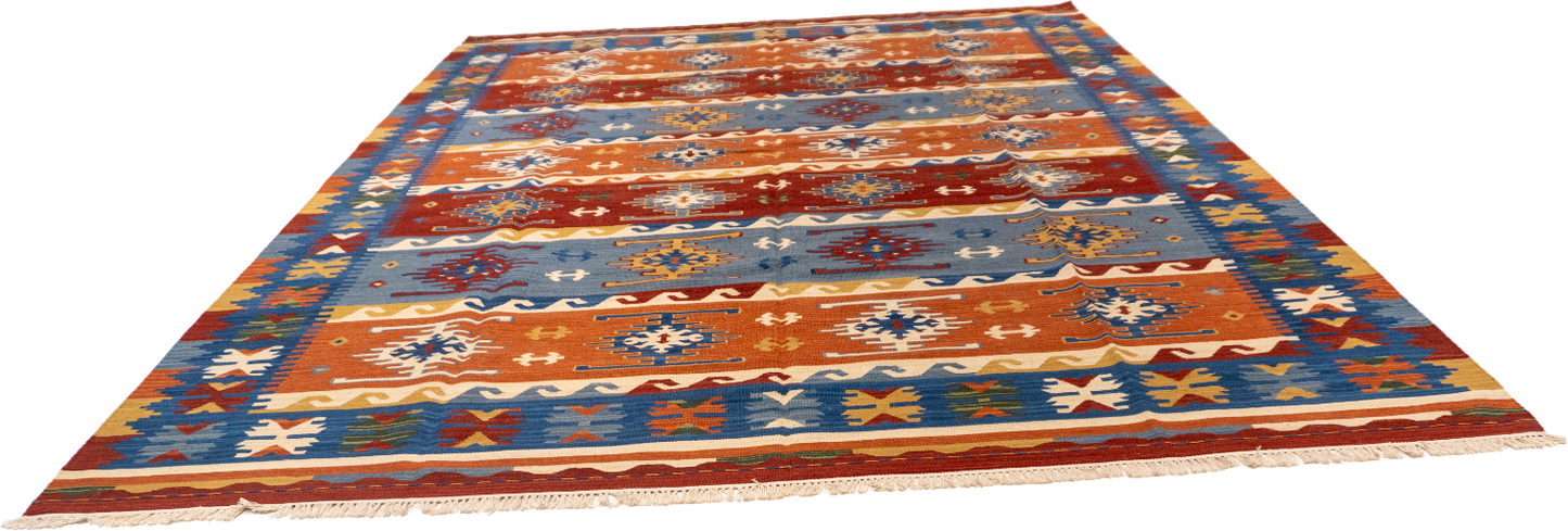W 9 L 12 Kilim 100% Wool Hand-Woven Geometric Design - 60537