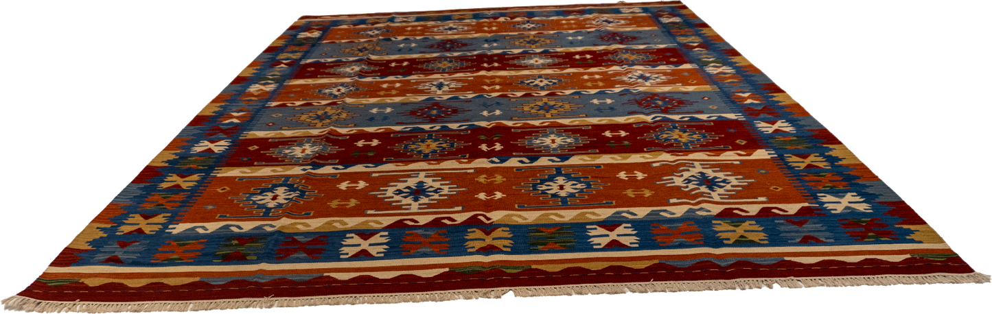 W 9 L 12 Kilim 100% Wool Hand-Woven Geometric Design - 60537