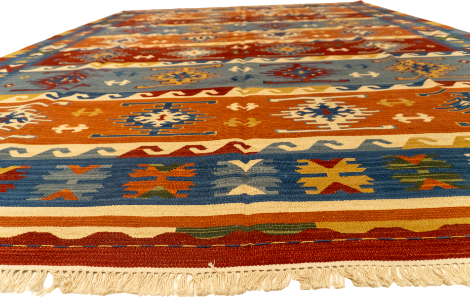 W 9 L 12 Kilim 100% Wool Hand-Woven Geometric Design - 60537