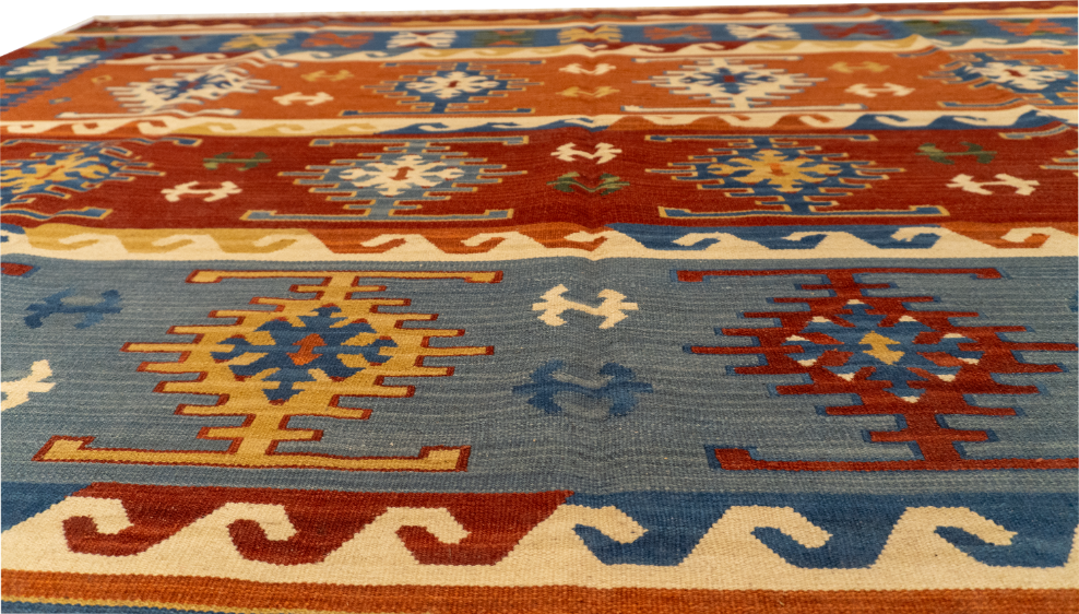 W 9 L 12 Kilim 100% Wool Hand-Woven Geometric Design - 60537