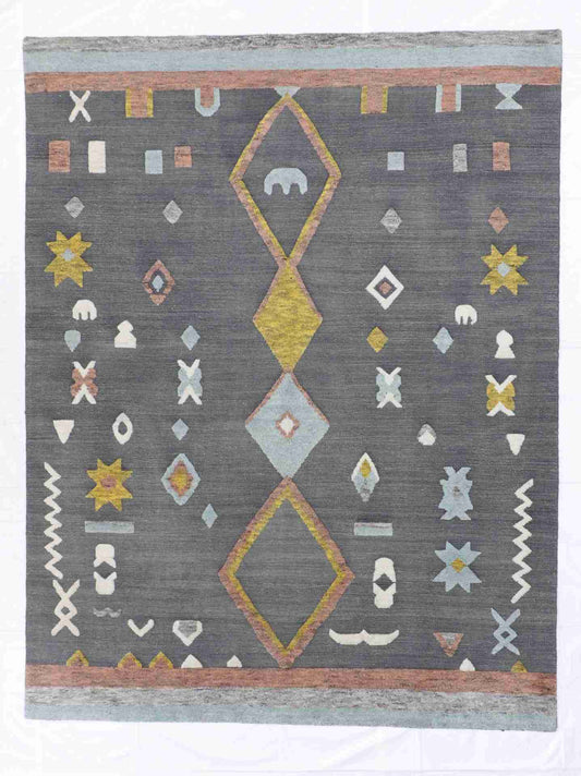 W 9 - L 12 - Transitional Wool Morroccan Rectangle - Hand Woven Rug - 60809