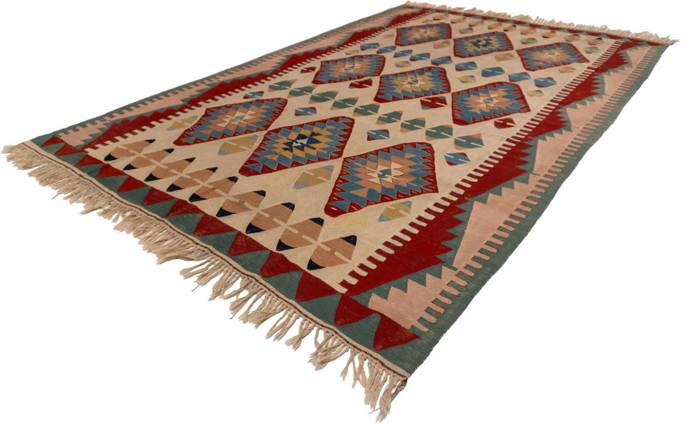 W 7.3 - L 11 - Kilim Fine/Wool Geometric Rectangle - Finest Hand-Made Quality Wool - 60883