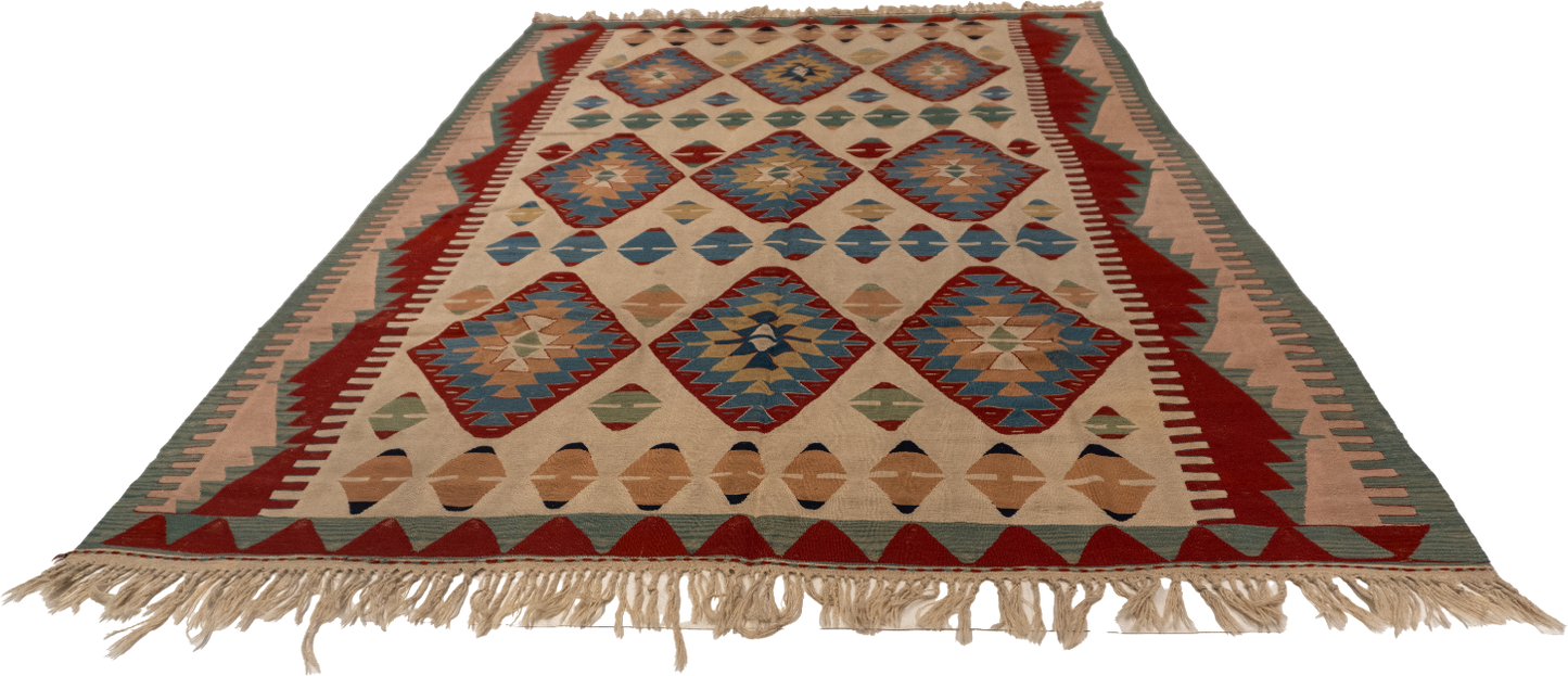 W 7.3 - L 11 - Kilim Fine/Wool Geometric Rectangle - Finest Hand-Made Quality Wool - 60883