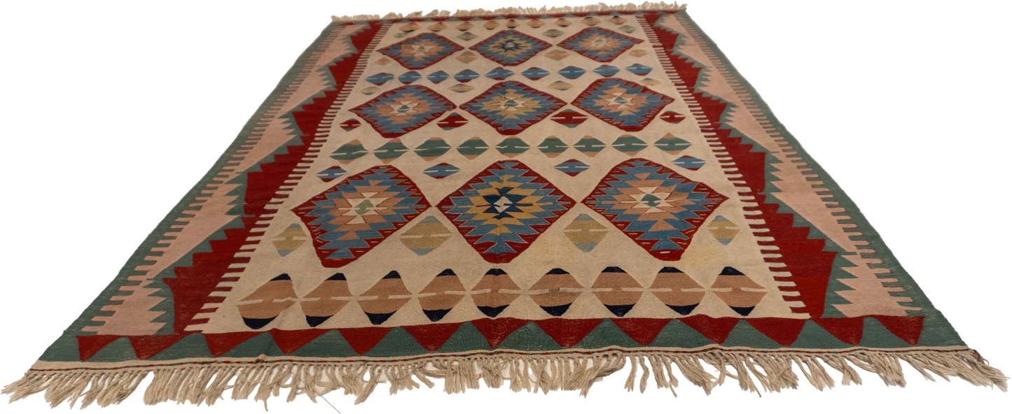 W 7.3 - L 11 - Kilim Fine/Wool Geometric Rectangle - Finest Hand-Made Quality Wool - 60883