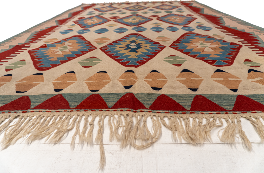 W 7.3 - L 11 - Kilim Fine/Wool Geometric Rectangle - Finest Hand-Made Quality Wool - 60883