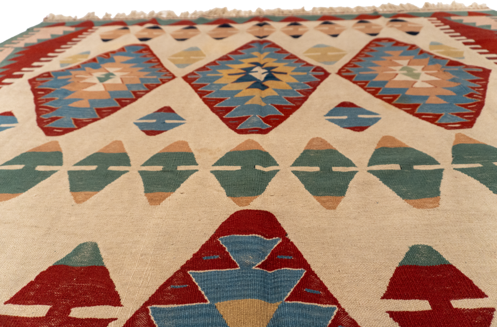 W 7.3 - L 11 - Kilim Fine/Wool Geometric Rectangle - Finest Hand-Made Quality Wool - 60883