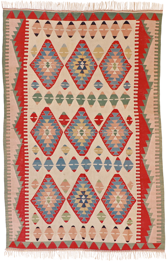 W 7.3 L 11 Kilim 100% Wool Hand-Woven Geometric Design - 60883