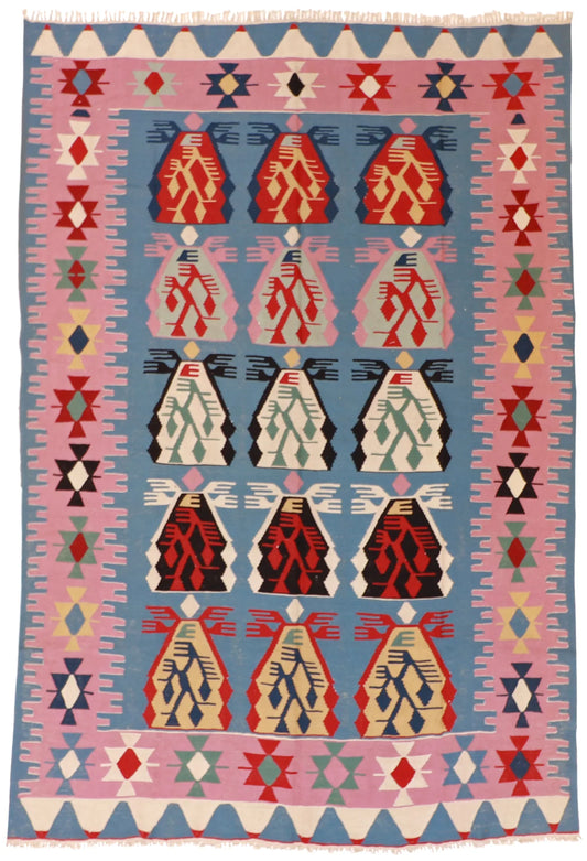 7.3 x 10.9 - Kilim Fine/Wool Geometric Rectangle - Finest Hand-Made Quality Wool — 60885