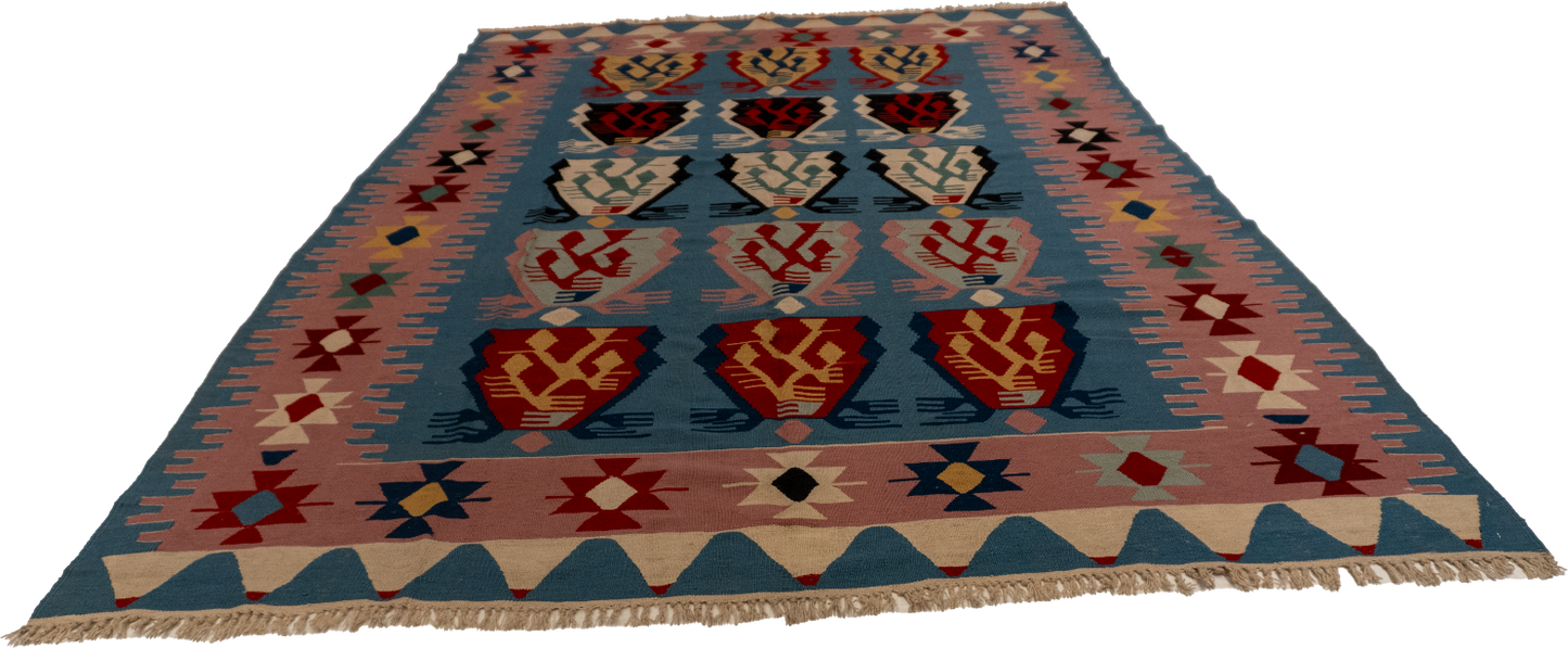 W 7.3 - L 10.9 - Kilim Fine/Wool Geometric Rectangle - Finest Hand-Made Quality Wool - 60885