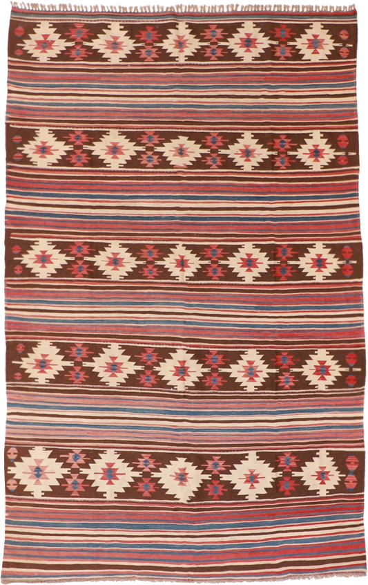 W 6 L 9.4 Kilim 100% Wool Hand-Woven Geometric Design - 60887