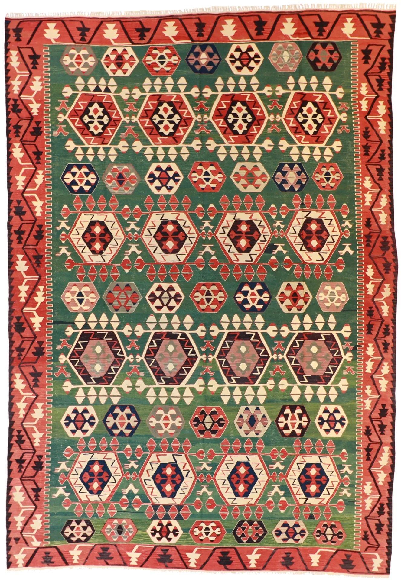 Kilim All-Over 9'10 × 14 flatweave geometry in green and rust tones