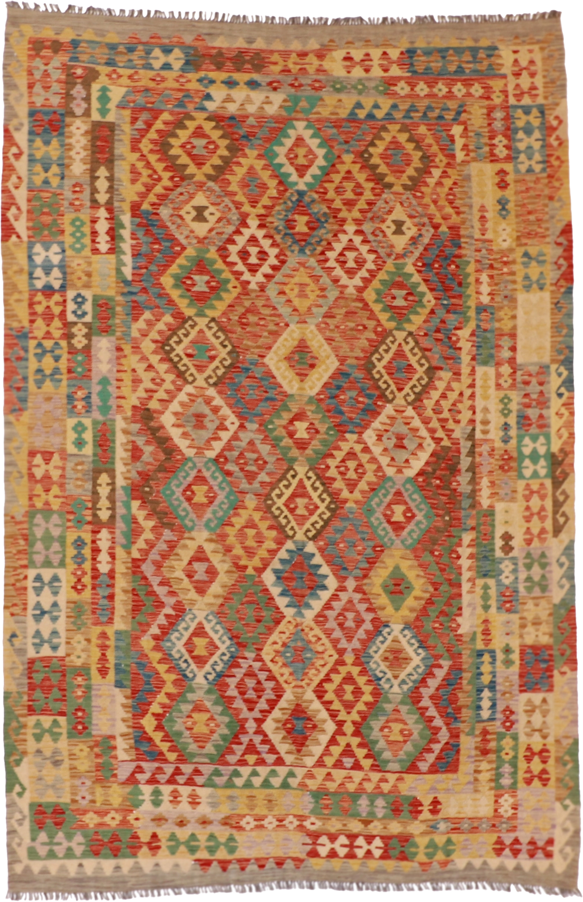 W 6.6 L 9.9 Kilim 100% Wool Hand-Woven Geometric Design - 61223