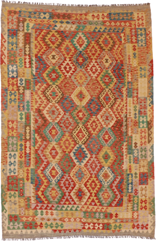 W 6.6 L 9.9 Kilim 100% Wool Hand-Woven Geometric Design - 61223