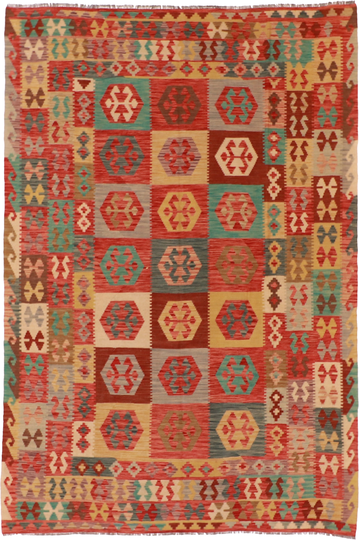 W 6.6 L 9.7 Kilim 100% Wool Hand-Woven Geometric Design - 61225