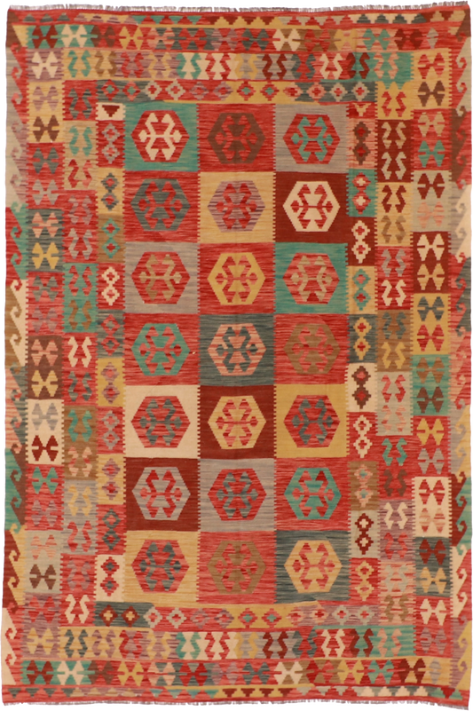 W 6.6 L 9.7 Kilim 100% Wool Hand-Woven Geometric Design - 61225