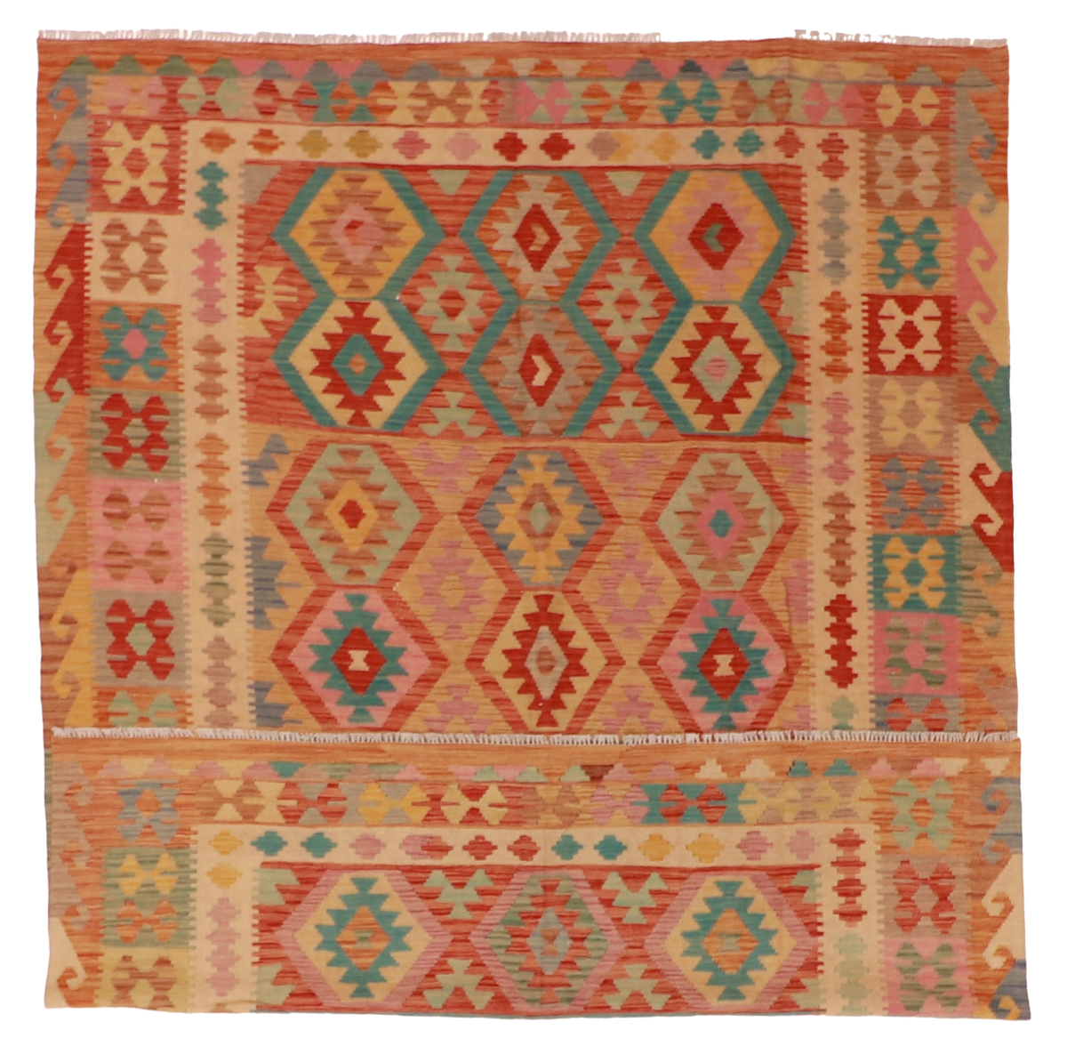W 6.6 L 8.6 Kilim 100% Wool Hand-Woven Geometric Design - 61226