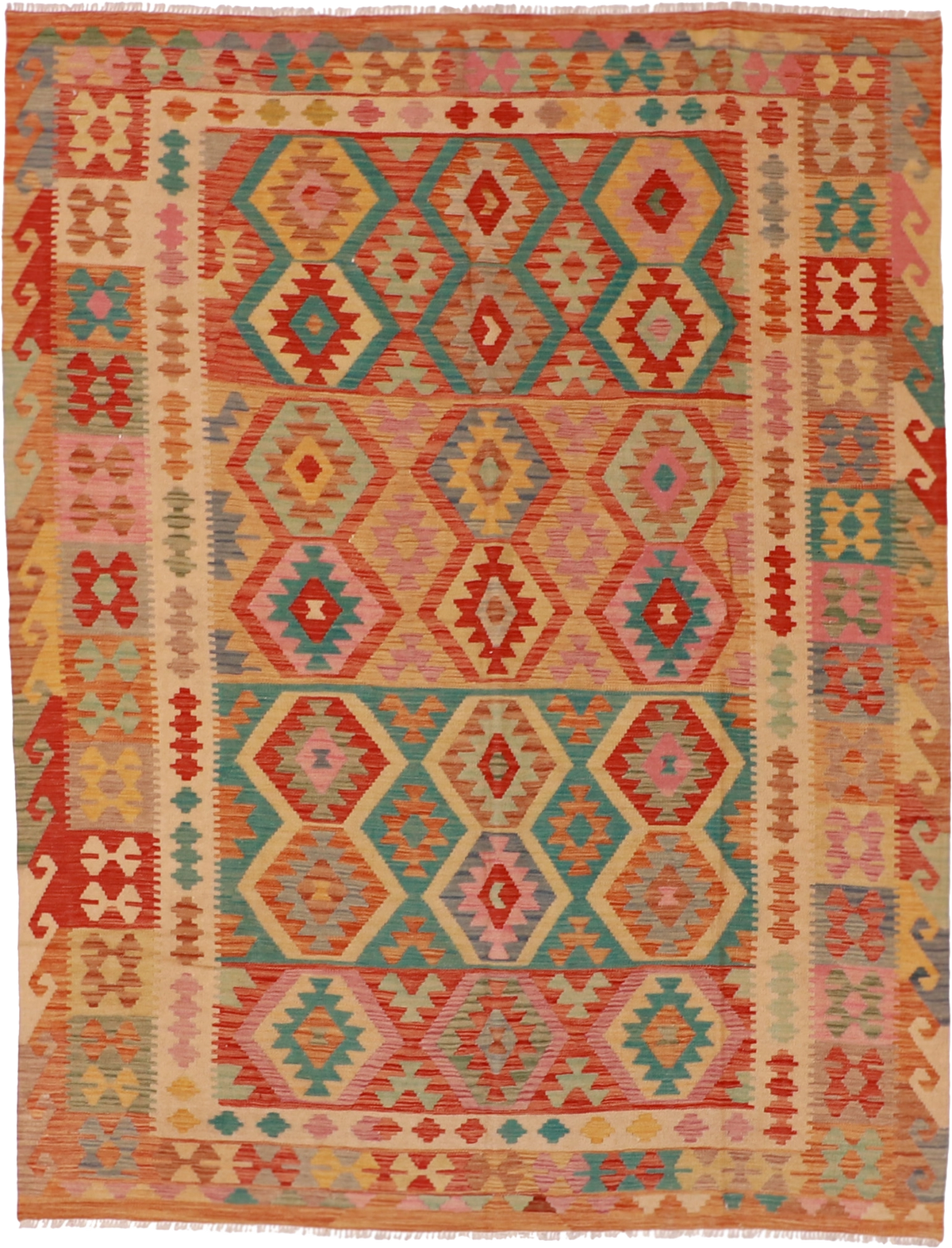 W 6.6 L 8.6 Kilim 100% Wool Hand-Woven Geometric Design - 61226