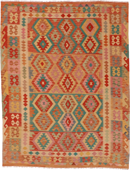 W 6.6 L 8.6 Kilim 100% Wool Hand-Woven Geometric Design - 61226