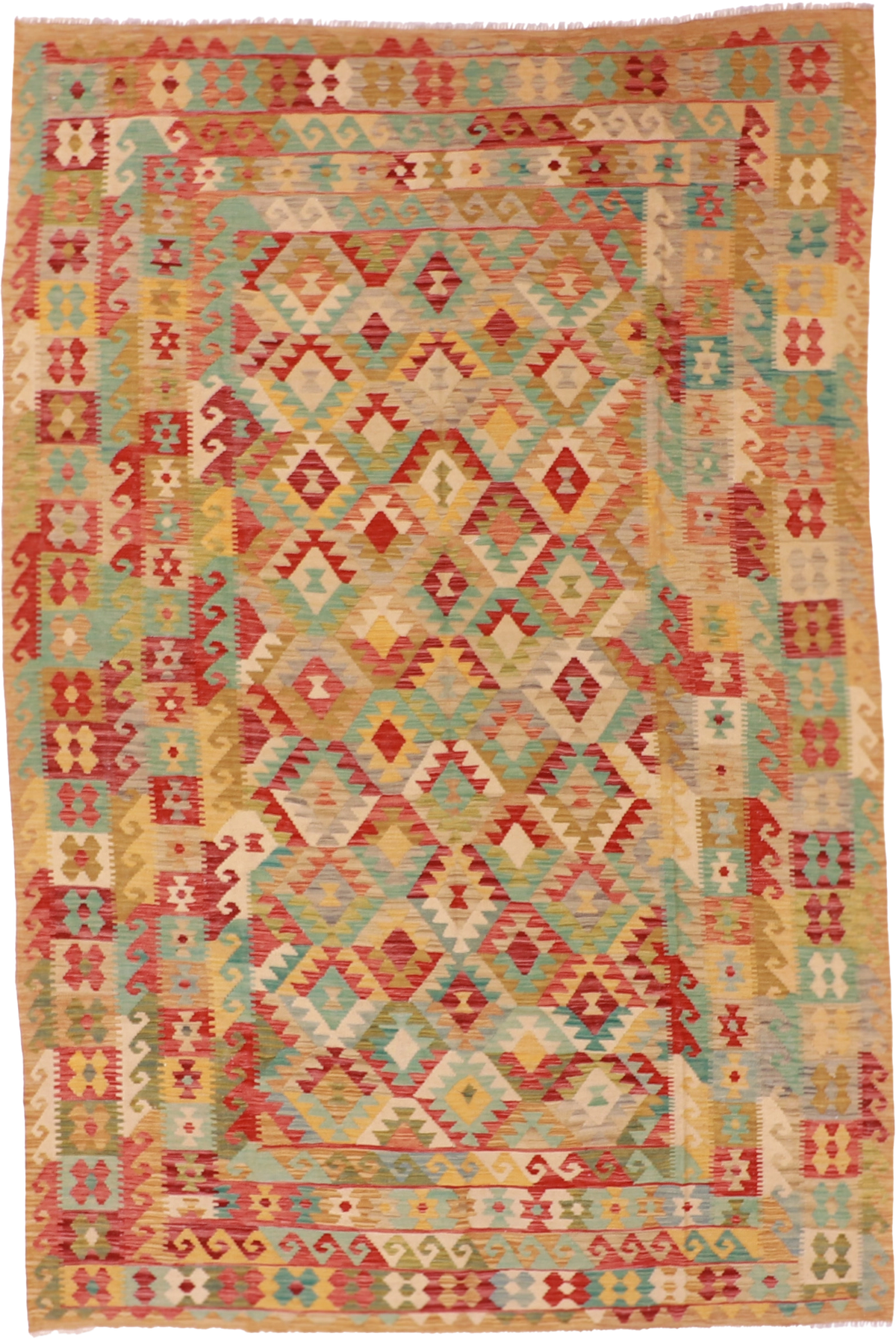 W 6.7 L 9.10 Kilim 100% Wool Hand-Woven Geometric Design - 61228