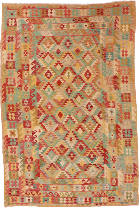 W 6.7 L 9.10 Kilim 100% Wool Hand-Woven Geometric Design - 61228