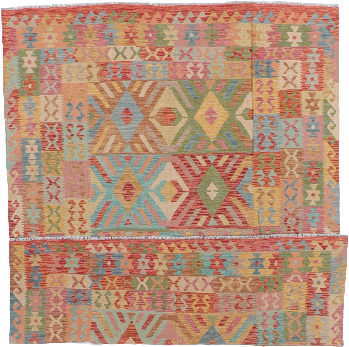 W 6.4 - L 8.6 Kilim 100% Wool Hand-Woven Geometric Design - 61230