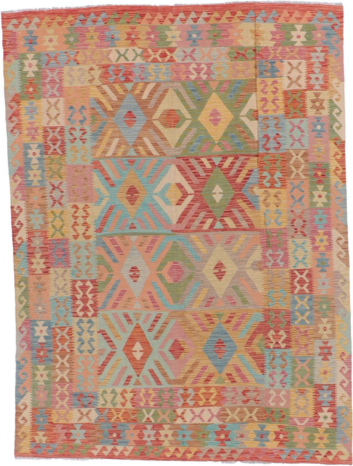 W 6.4 - L 8.6 Kilim 100% Wool Hand-Woven Geometric Design - 61230