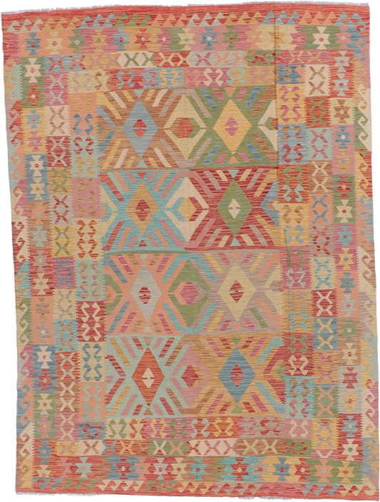 W 6.4 - L 8.6 Kilim 100% Wool Hand-Woven Geometric Design - 61230