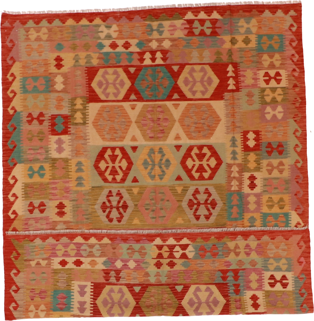 W 6.5 L 8.3 Kilim 100% Wool Hand-Woven Geometric Design - 61239