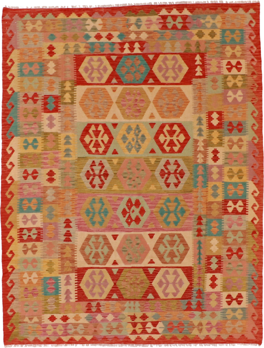 W 6.5 L 8.3 Kilim 100% Wool Hand-Woven Geometric Design - 61239