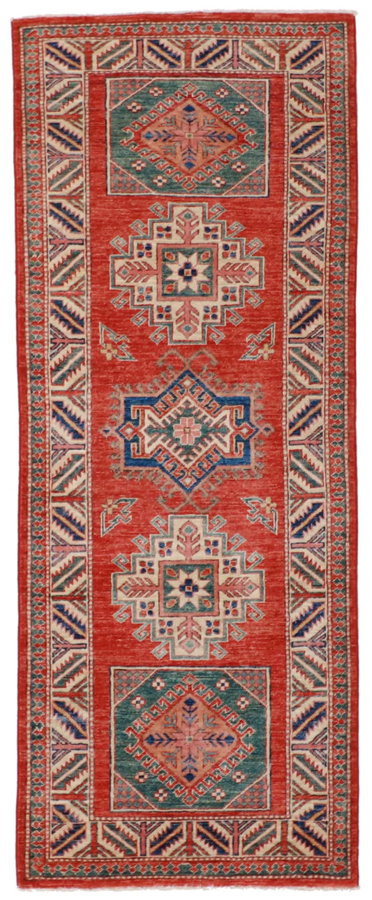 W 2.7 L 6.8 Kazak Runner 100% Wool Handmade Geometric Design - 61243
