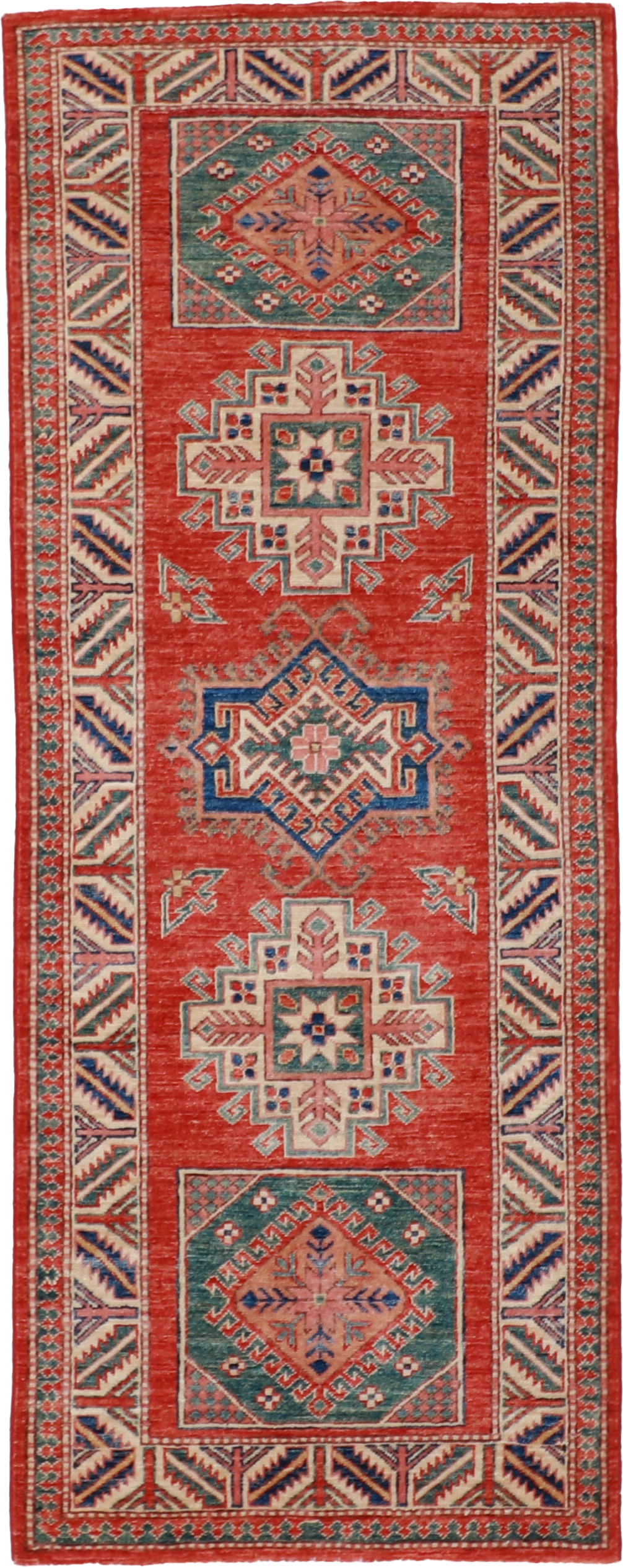W 2.7 L 6.8 Kazak Runner 100% Wool Hand-Woven Geometric Design - 61243