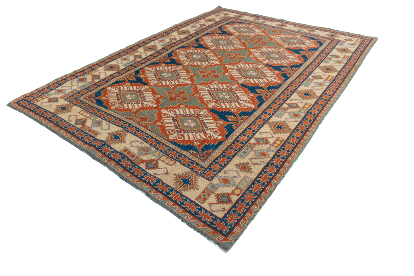 W 6.4 L 8.8 Kilim 100% Wool Hand-Woven Geometric Design - 61305