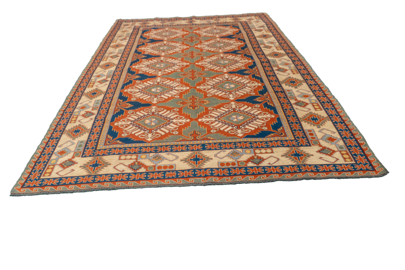 W 6.4 L 8.8 Kilim 100% Wool Hand-Woven Geometric Design - 61305