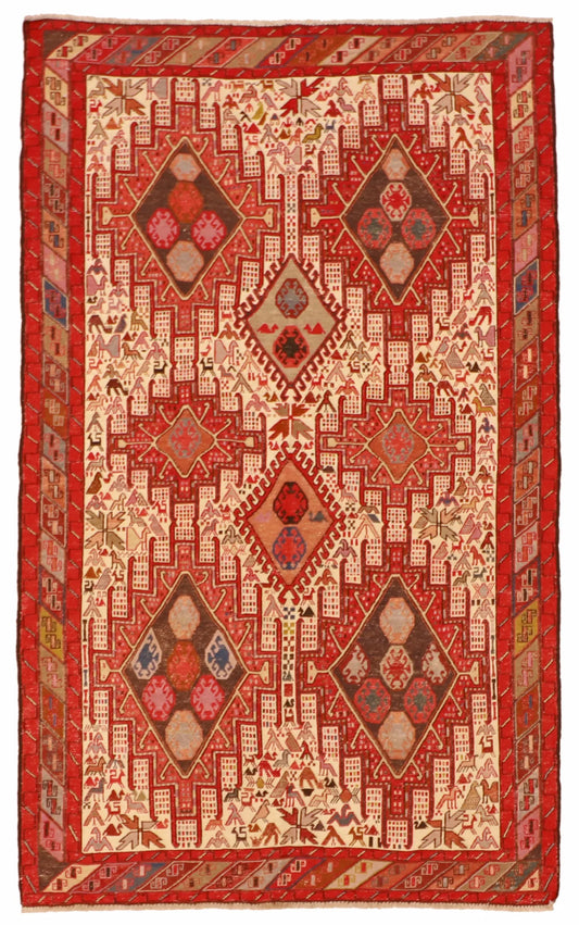 4 x 6.6 - Kilim Fine/Wool Geometric Rectangle - Finest Hand-Made Quality Wool — 61307