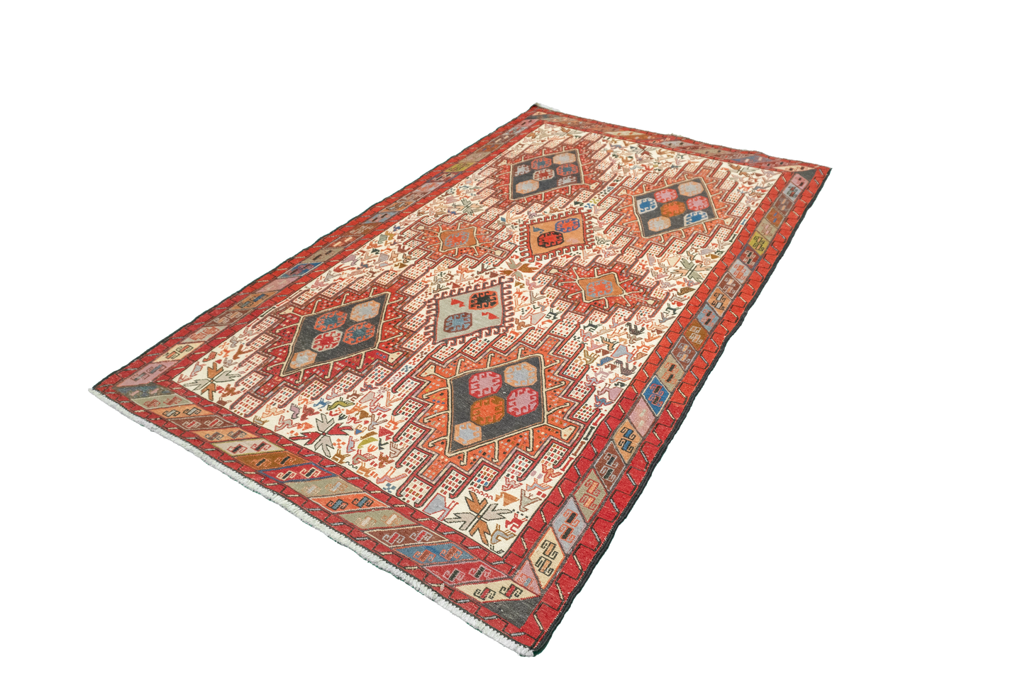W 4 - L 6.6 - Kilim Fine/Wool Geometric Rectangle - Finest Hand-Made Quality Wool - 61307