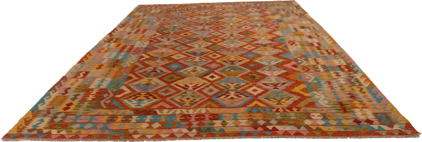 W 8.3 L 11.3 Kilim 100% Wool Hand-Woven Geometric Design - 61334
