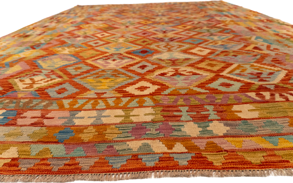 W 8.3 L 11.3 Kilim 100% Wool Hand-Woven Geometric Design - 61334