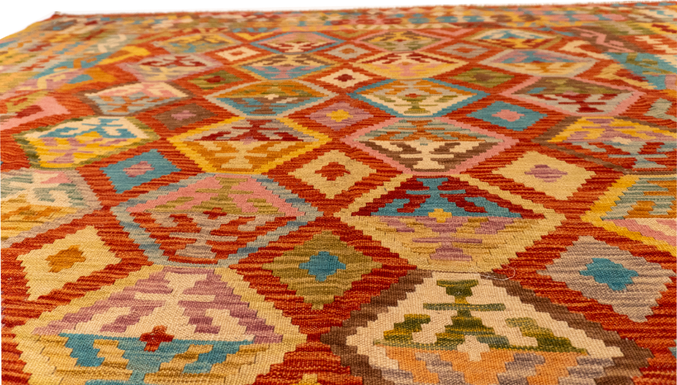 W 8.3 L 11.3 Kilim 100% Wool Hand-Woven Geometric Design - 61334