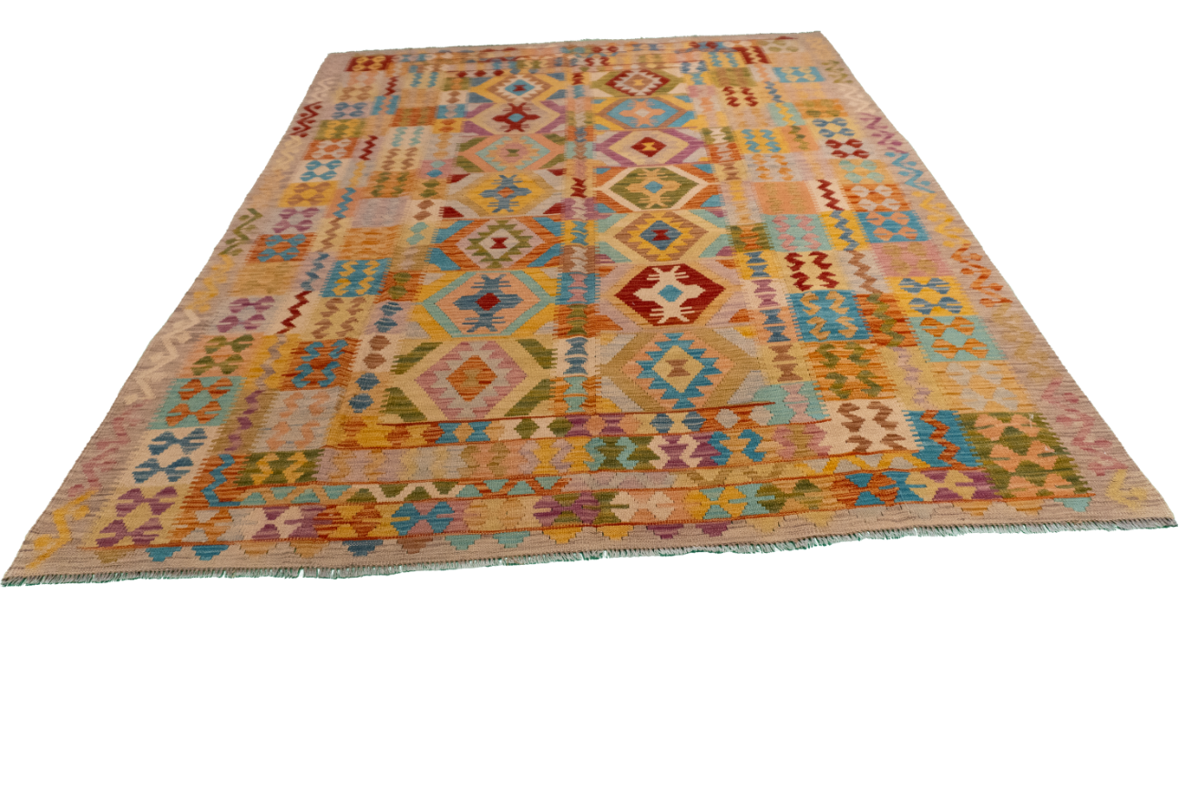 W 6.5 L 8.4 Kilim 100% Wool Hand-Woven All-Over Design - 61352