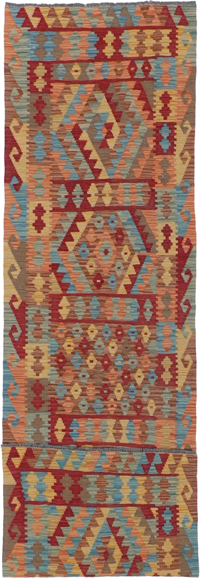 W 2.7 L 9.6 Kilim Runner 100% Wool Hand-Woven All-Over Design - 61387
