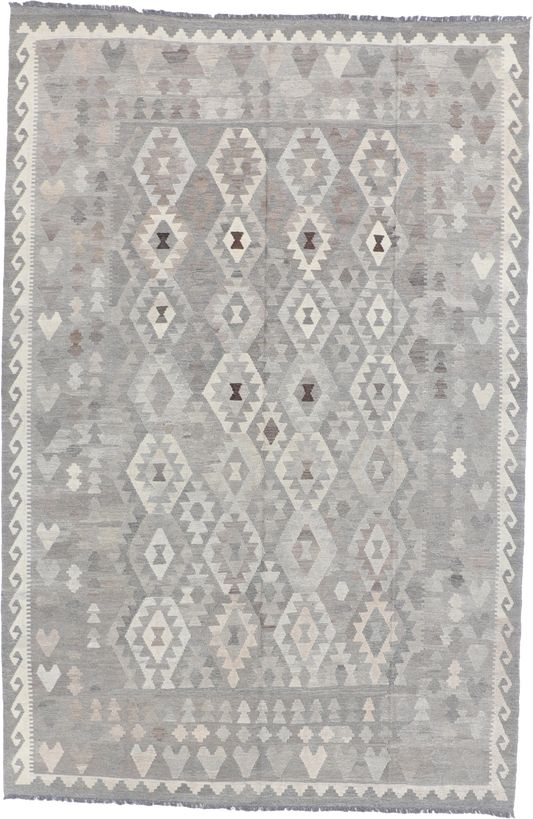 W 6.6 L 9.9 Kilim 100% Wool Hand-Woven All-Over Design - 61407
