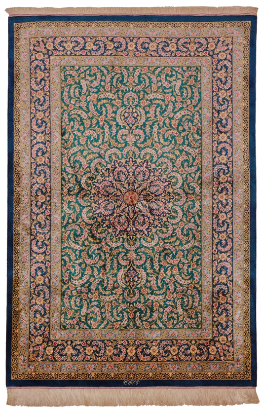 3.2 x 4.11 - Tabriz Silk Qum Rectangle - Finest Hand-Knotted Quality Wool — 61781