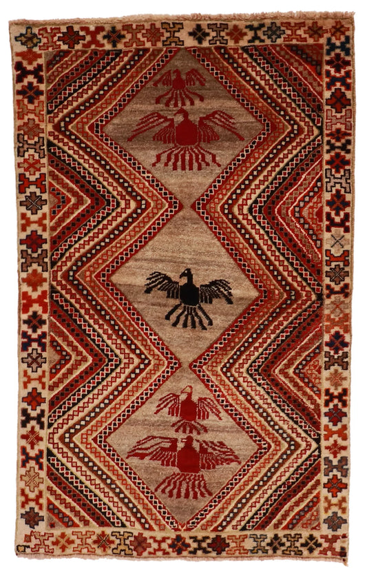 3.3 x 5.1 - Gabbeh Wool Geometric Rectangle - Finest Hand-Knotted Quality Wool — 61786