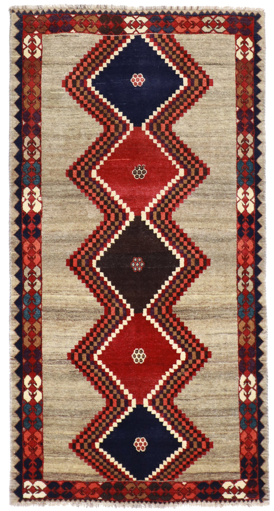 W 3.7 L 6.9 Gabbeh 100% Wool Handmade All Over Geometric Design - 61808