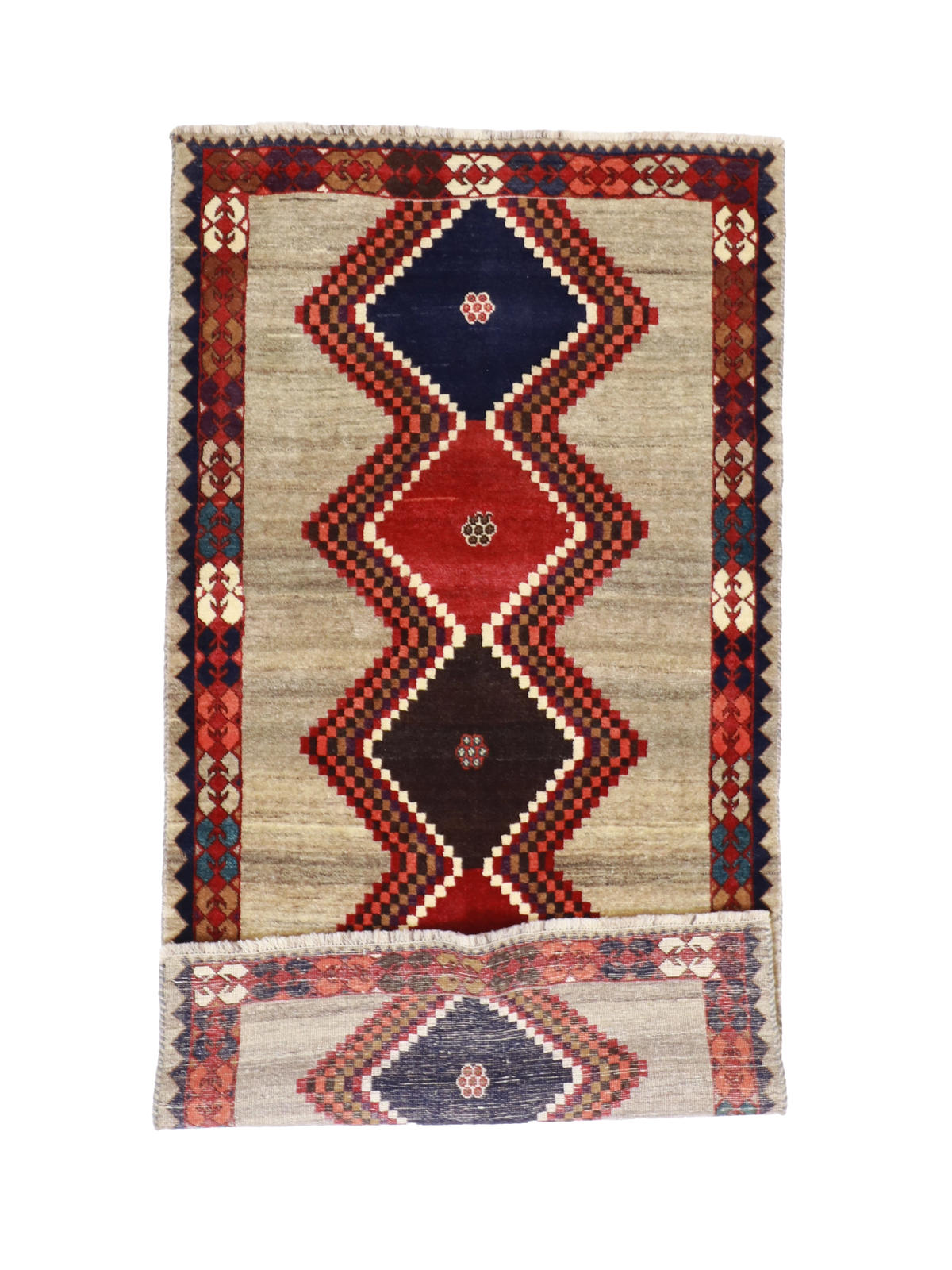 W 3.7 L 6.9 Gabbeh 100% Wool Handmade All Over Geometric Design - 61808