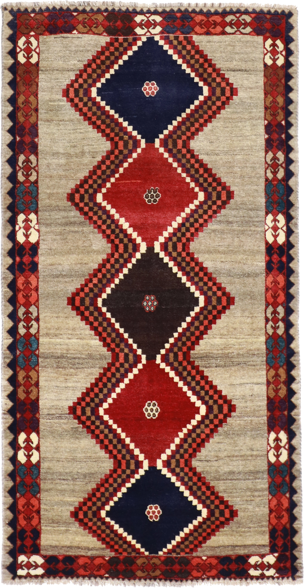 W 3.7 L 6.9 Gabbeh 100% Wool Handmade All Over Geometric Design - 61808