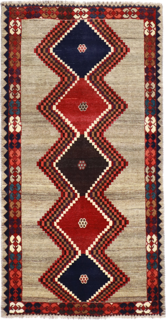 W 3.7 L 6.9 Gabbeh 100% Wool Handmade All Over Geometric Design - 61808