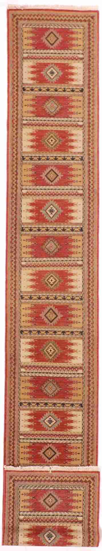 W 2.7 - L 25 - Karajeh Fine/Wool Geometric Rectangle - Finest Hand-Knotted Quality Wool - 64450